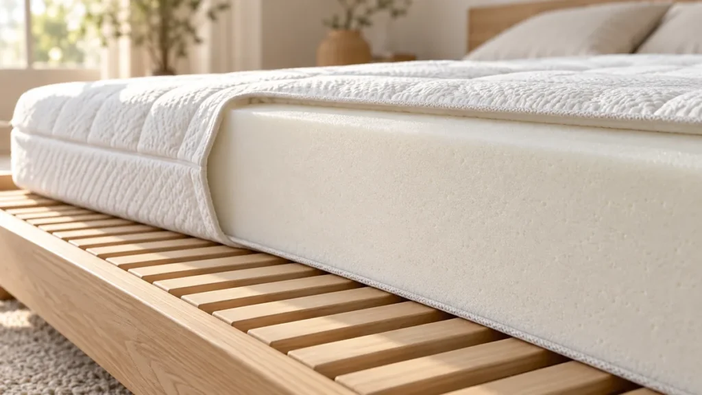 Tranche d’un matelas en mousse à mémoire de forme posé sur un sommier à lattes rapprochées en bois clair