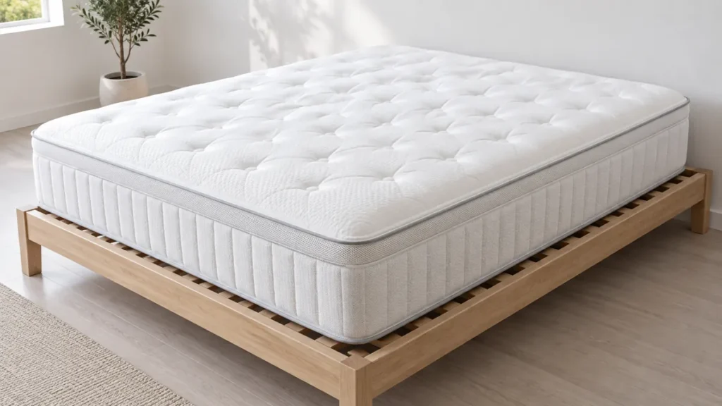 Matelas blanc posé sur un sommier à lattes en bois clair, lattes visibles sous le matelas, dans une chambre lumineuse