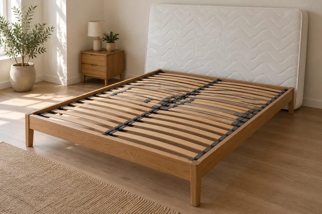 Matelas blanc redressé contre un mur, laissant voir un sommier à lattes en bois nu et entièrement dégagé