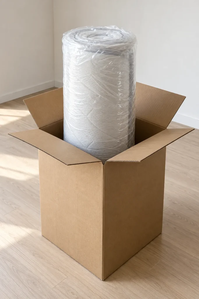 Matelas roulé et emballé sous film transparent, debout dans un carton ouvert posé sur un parquet clair