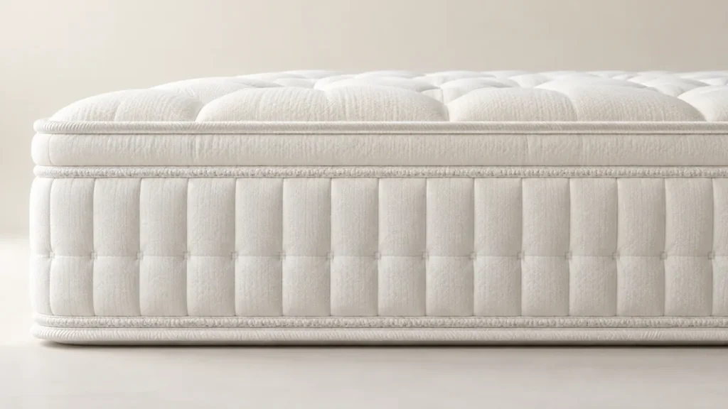 Matelas blanc très épais vu de profil sur fond clair, hauteur inhabituelle et coutures de la tranche visibles