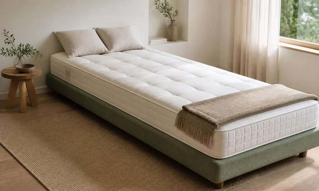 Meilleur matelas 140x200 : un lit deux places allongé dans une chambre lumineuse