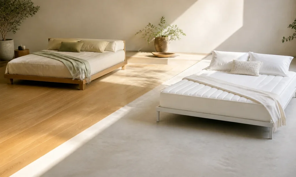 Meilleur matelas pas cher : deux couchages simples et modernes dans une chambre épurée