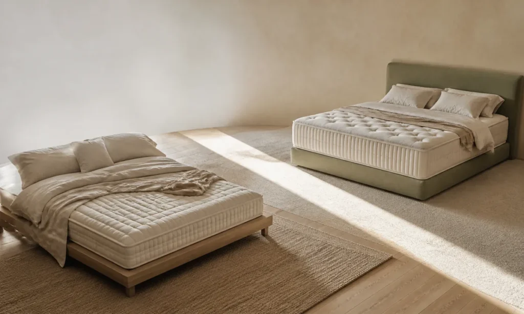 Meilleur matelas qualité prix : deux matelas comparés dans une chambre lumineuse