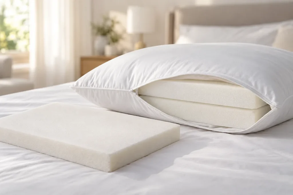 Oreiller blanc entrouvert montrant deux couches de mousse amovibles, l’une posée à plat à côté