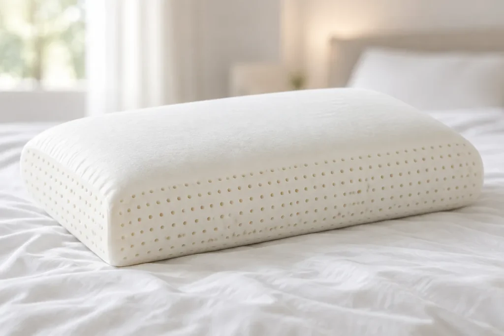 Oreiller blanc en latex vu de trois quarts, tranche épaisse et perforations rondes visibles sur le côté