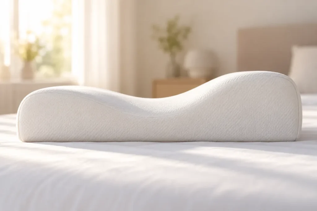 Oreiller ergonomique à mémoire de forme vu de profil, deux bourrelets de hauteurs différentes séparés par un creux central pour la tête
