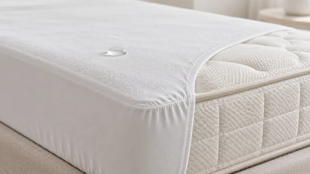 Angle d’un protège-matelas blanc tendu sur un matelas, élastique du bonnet visible et goutte d’eau perlant à la surface du tissu