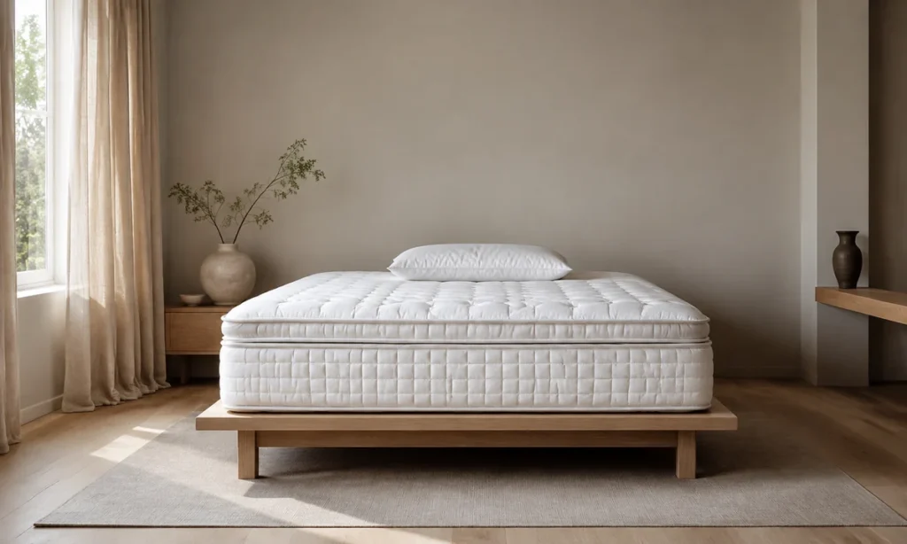 Matelas Royal Palace George V de 28 cm, surmatelas intégré visible sur le profil, sur un sommier en chêne clair