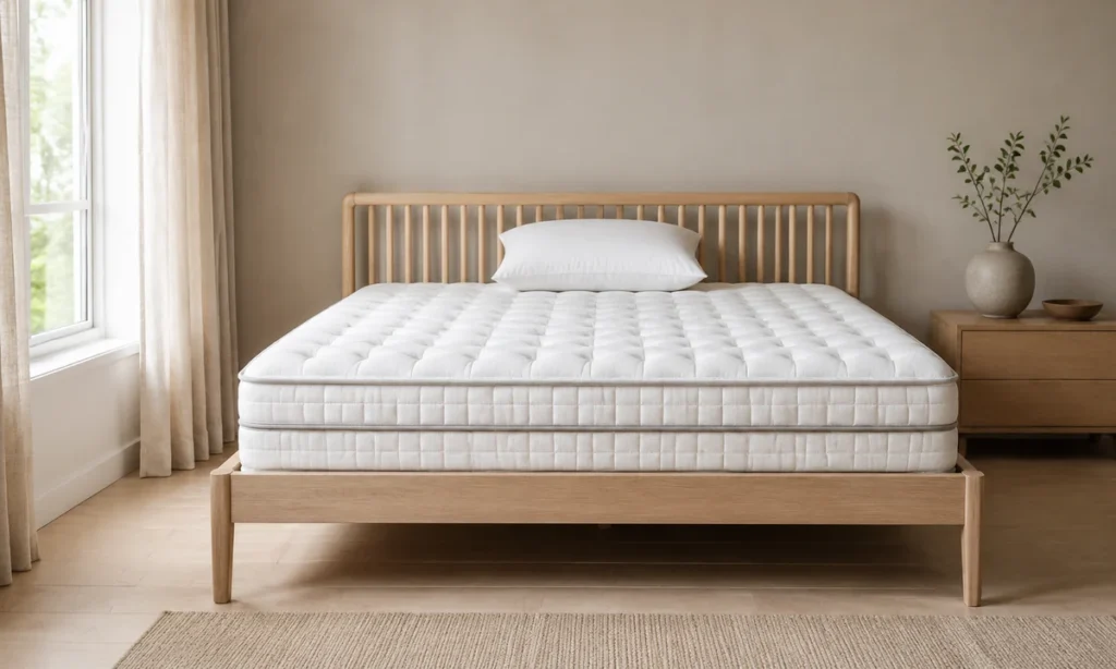 Matelas Simmons Le Puissant à ressorts ensachés posé sur un sommier en chêne clair dans une chambre lumineuse