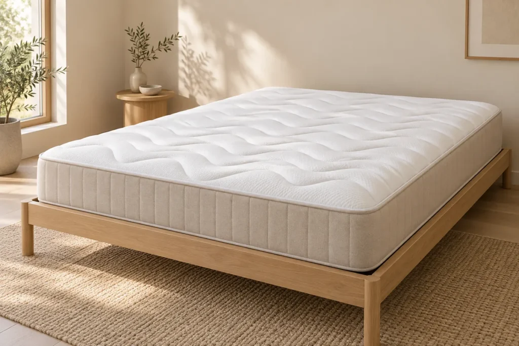 Matelas Simmons Sensation, ressorts et mémoire de forme, 26 cm, vue de trois quarts