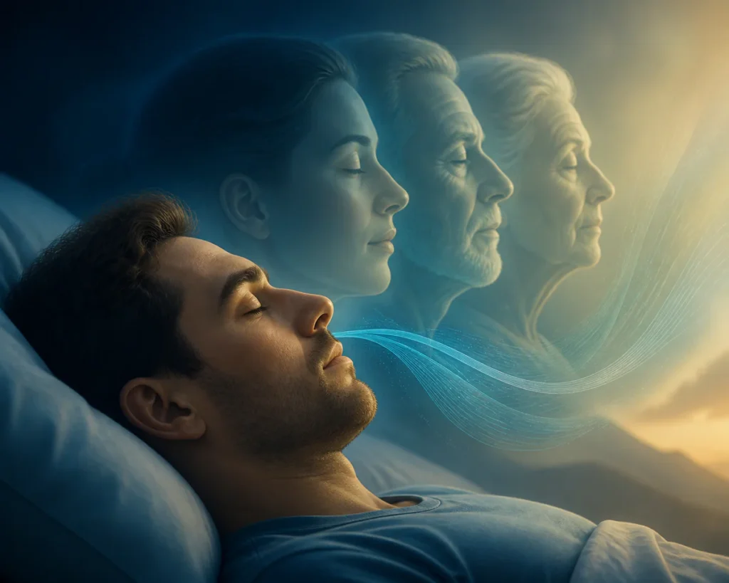 Conceptual medical illustration showing a person sleeping peacefully in the foreground with translucent family member silhoue