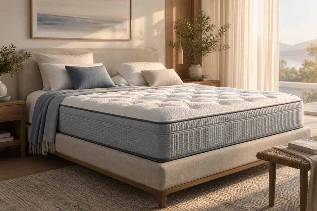 Matelas premium moderne photographié dans une chambre minimaliste éclairée par une lumière douce de l'aube, montrant sa struc