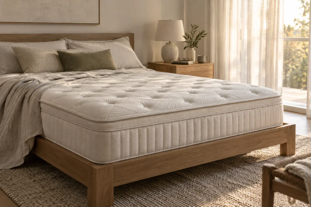 Modern minimalist bedroom with a premium mattress in soft morning light, accompanied by a notebook and reading glasses on a w