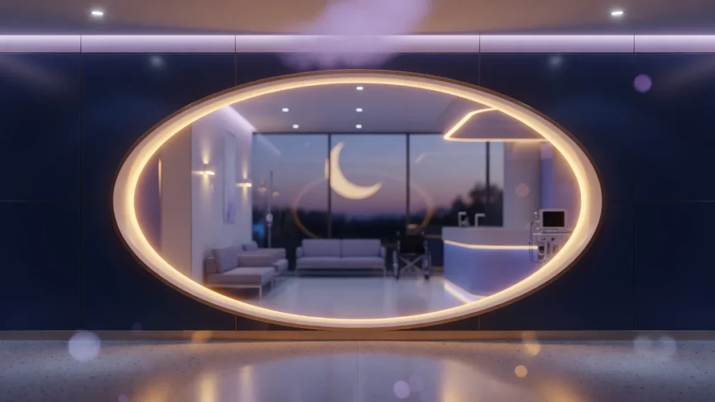 Serene conceptual image of a modern medical center at twilight with a glowing elliptical archway framing a peaceful waiting a
