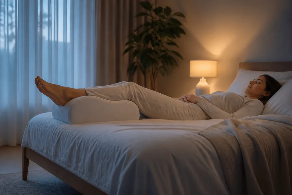 Une personne dormant paisiblement sur le dos dans une chambre moderne apaisante, les jambes doucement surélevées sur un couss