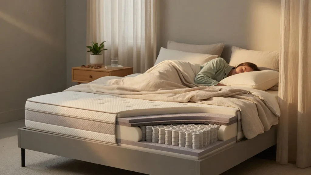 Modern serene bedroom with a premium layered mattress bathed in soft morning light, a person sleeping peacefully on their sid