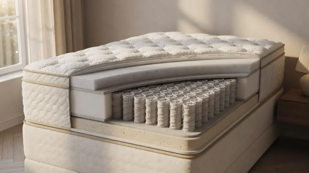 Coupe transversale d'un matelas queen-size montrant ses différentes couches internes (mousse à mémoire, ressorts ensachés, la