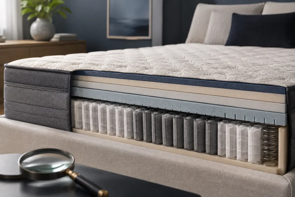 Vue en coupe professionnelle d'un matelas hybride haut de gamme révélant ses couches internes de mousse à mémoire et de micro