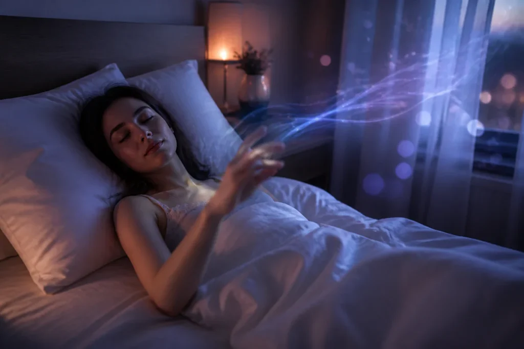Vue atmosphérique d'une chambre paisible au crépuscule avec une personne s'endormant, illustrant le moment de transition entr