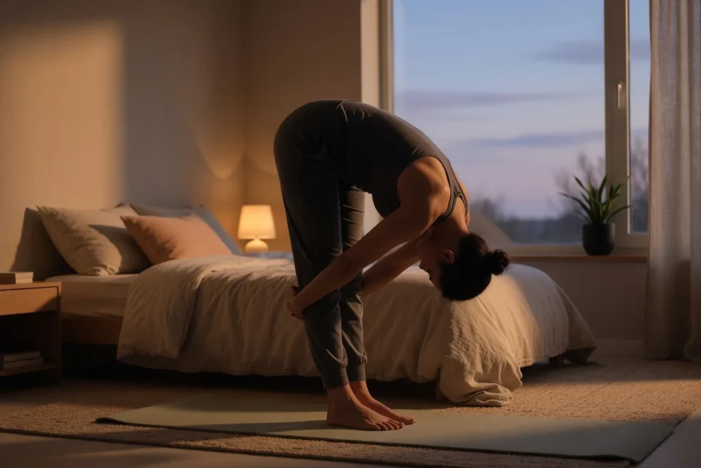 A person performing a gentle yoga stretch on a mat in a serene bedroom at twilight, with soft golden light streaming through