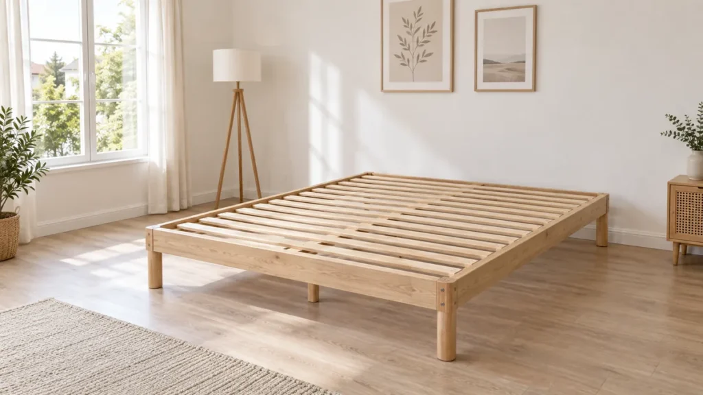 Sommier à lattes en bois clair sans matelas, lattes régulièrement espacées, vue de trois quarts dans une chambre lumineuse