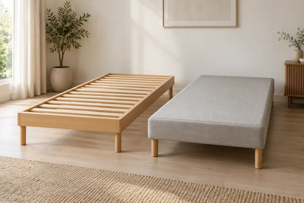 Un sommier à lattes en bois clair et un sommier tapissier habillé de tissu gris côte à côte, sans matelas