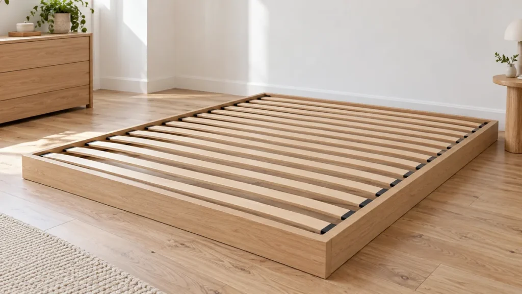Sommier à lattes en bois clair posé à même le sol d’une chambre, sans pieds ni matelas, aucun dégagement sous le cadre