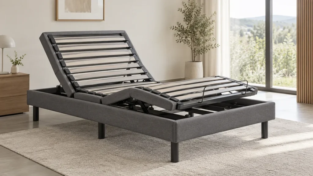 Sommier électrique de relaxation sans matelas, tête de lit relevée et repose-jambes remonté, lattes sur curseurs visibles