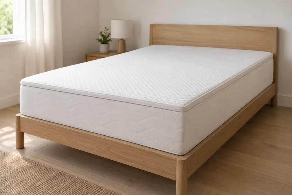 Surmatelas blanc d’une place et demie posé à plat sur un matelas de même largeur, bords exactement alignés