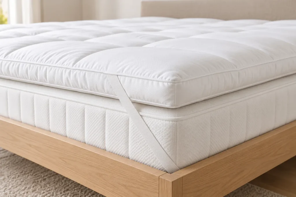 Surmatelas blanc épais posé sur un matelas, les deux épaisseurs distinctes sur la tranche et un élastique de maintien visible à l’angle