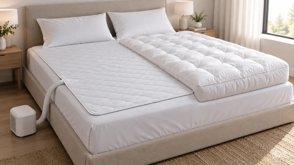 Deux surmatelas côte à côte : un modèle très fin relié à un boîtier au sol et un surmatelas épais classique