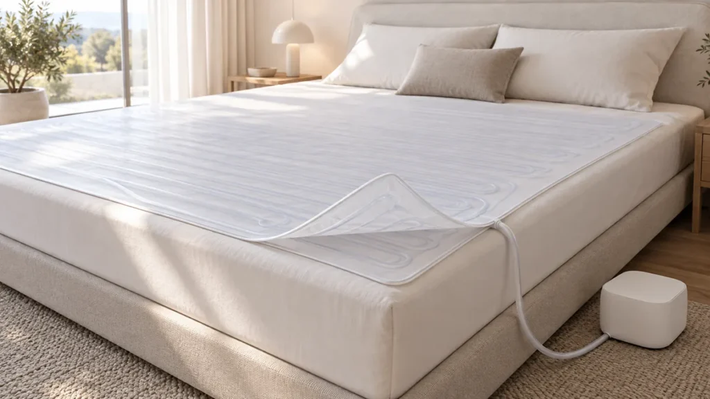 Surmatelas climatisé très fin replié sur un coin pour montrer son réseau de tubulures, et le boîtier de régulation au pied du lit