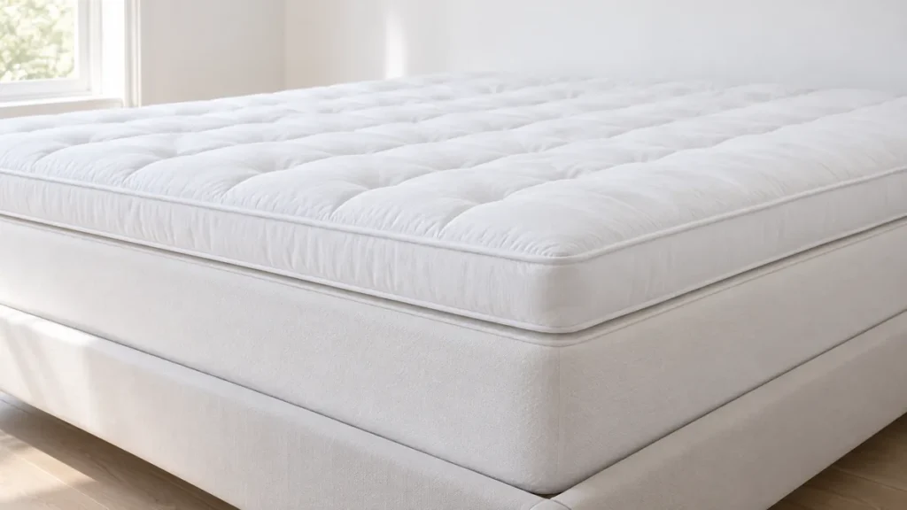 Surmatelas blanc épais posé sur un matelas, les deux couches bien distinctes, dans une chambre lumineuse