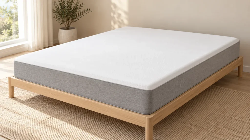 Matelas Tediber Hybride, 25 cm, vue de trois quarts sur un sommier à lattes