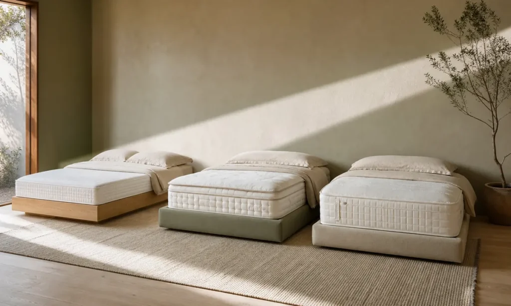 Tests et comparatifs matelas : plusieurs modèles alignés dans une chambre lumineuse