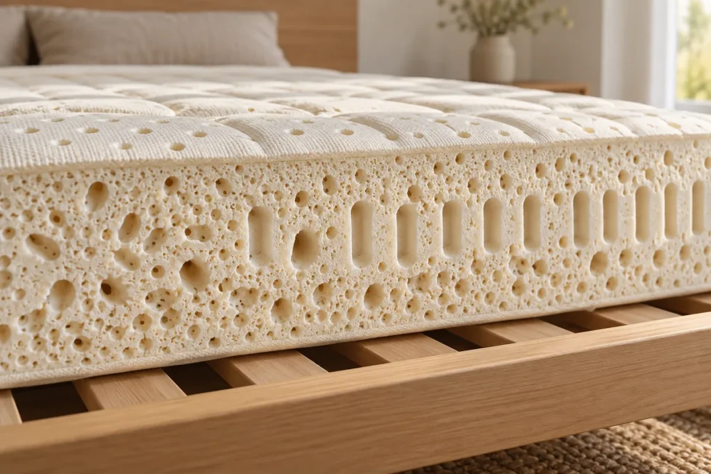 Gros plan sur la tranche d’un matelas en latex naturel posé sur un sommier à lattes, alvéoles et perforations visibles