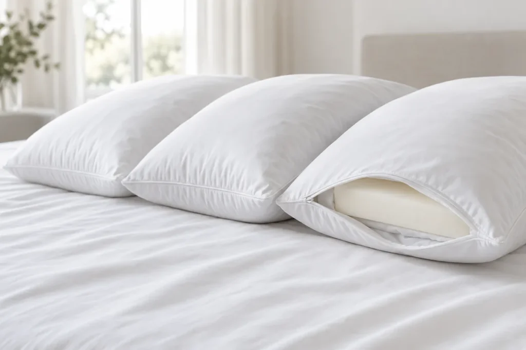 Trois oreillers blancs alignés sur un drap blanc, l’un entrouvert sur une couche de mousse amovible